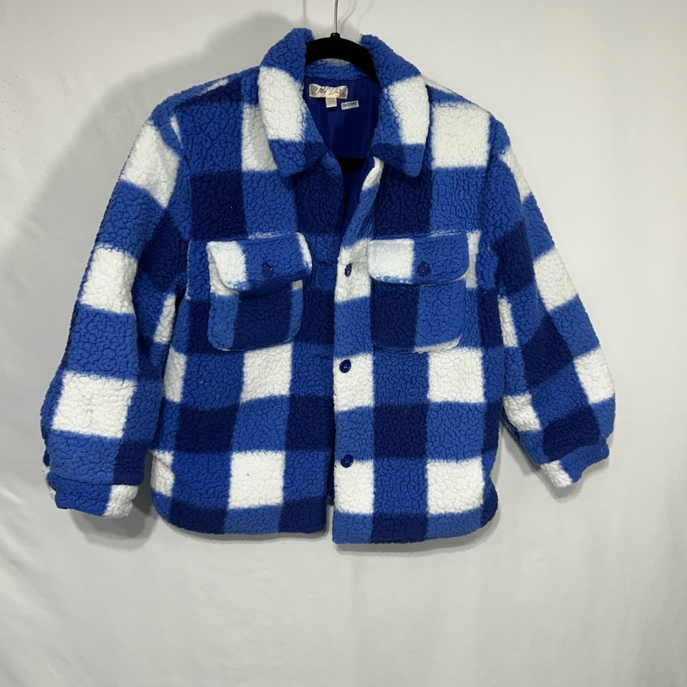Kids Blue and White Checkered Sherpa Puffer Jacket.